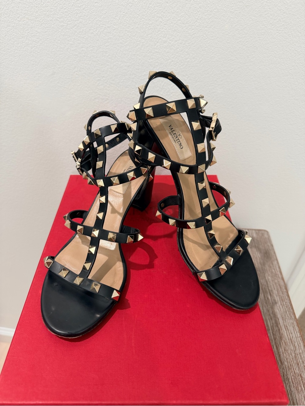 Valentino Black Rockstud Leather Block Heel Sandals